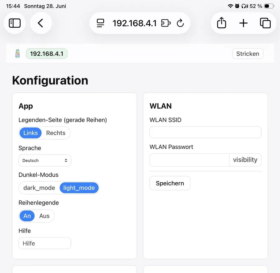 eKnitter settings page with Wi-Fi name and password fields