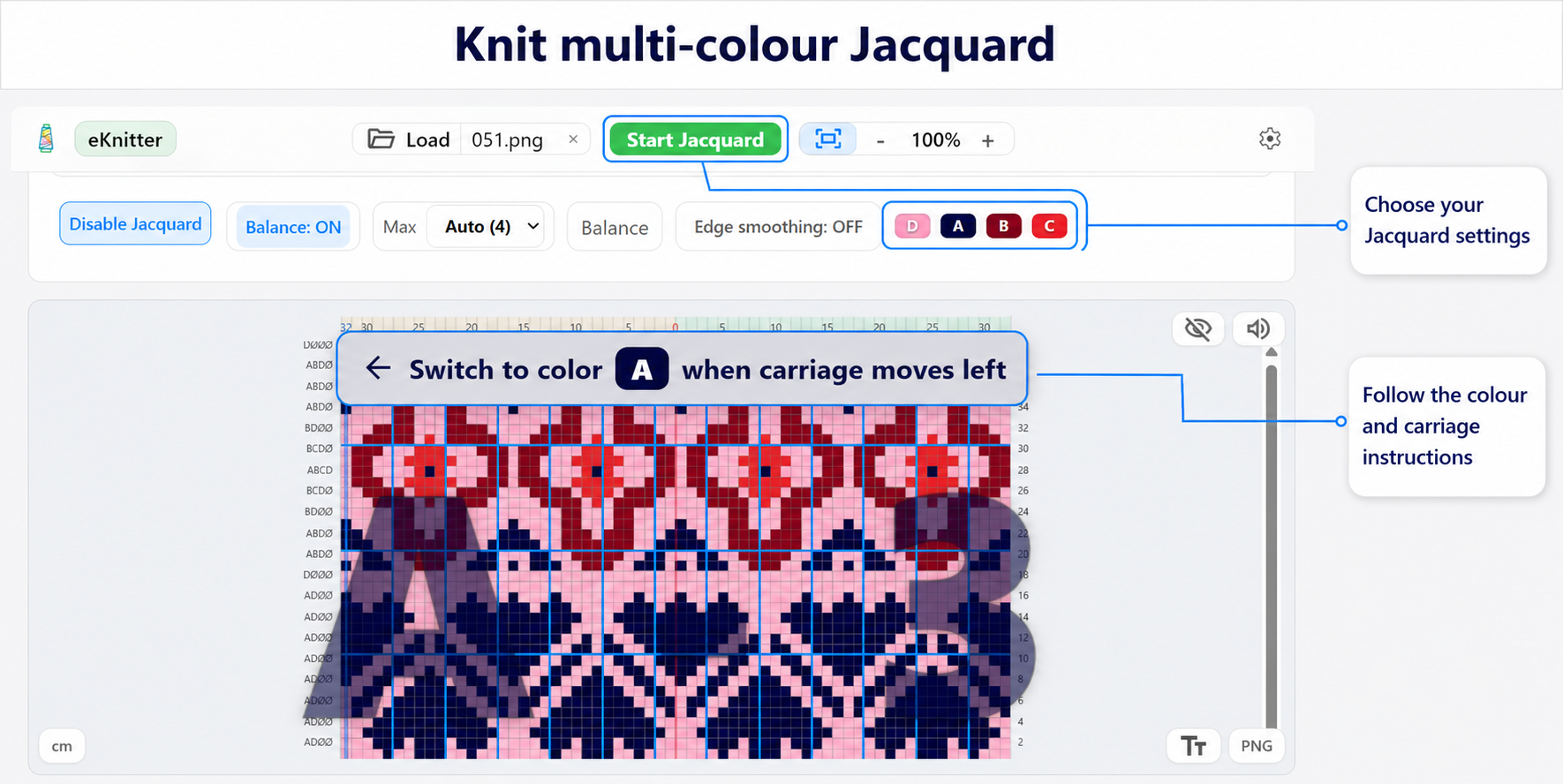 Follow multi-colour Jacquard instructions in the eKnitter WebApp
