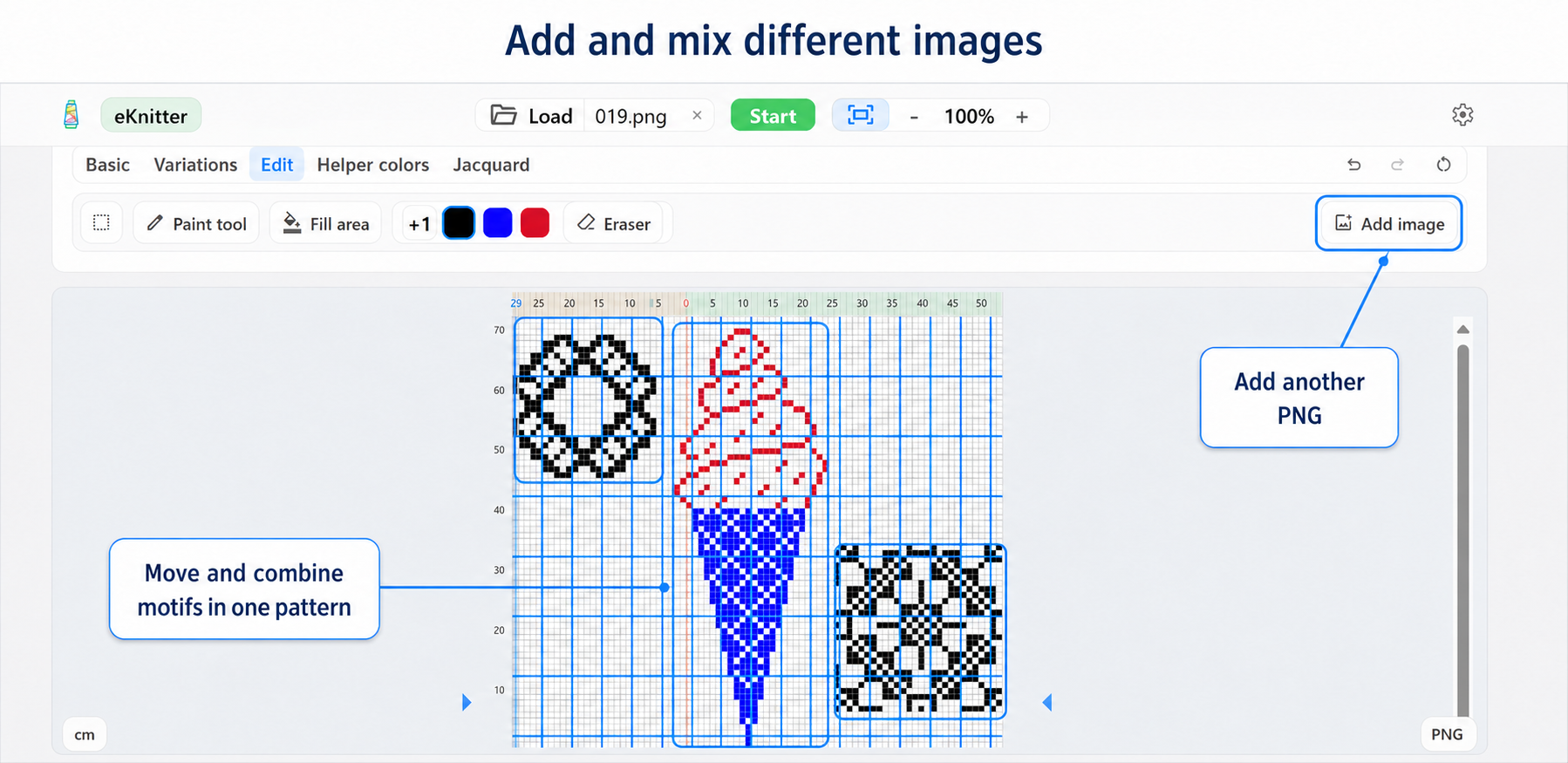 Add and mix PNG patterns in the eKnitter WebApp