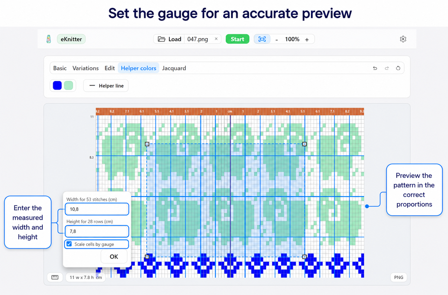 Set the gauge for an accurate pattern preview