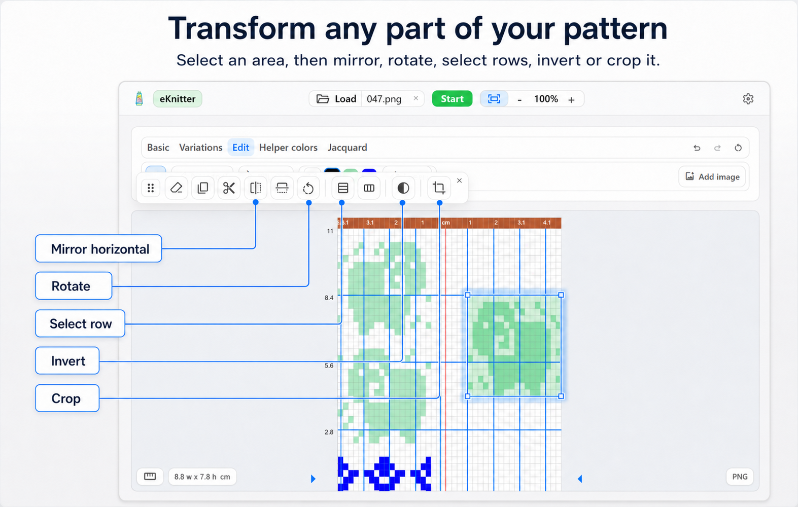Mirror, rotate, select rows, invert and crop a pattern