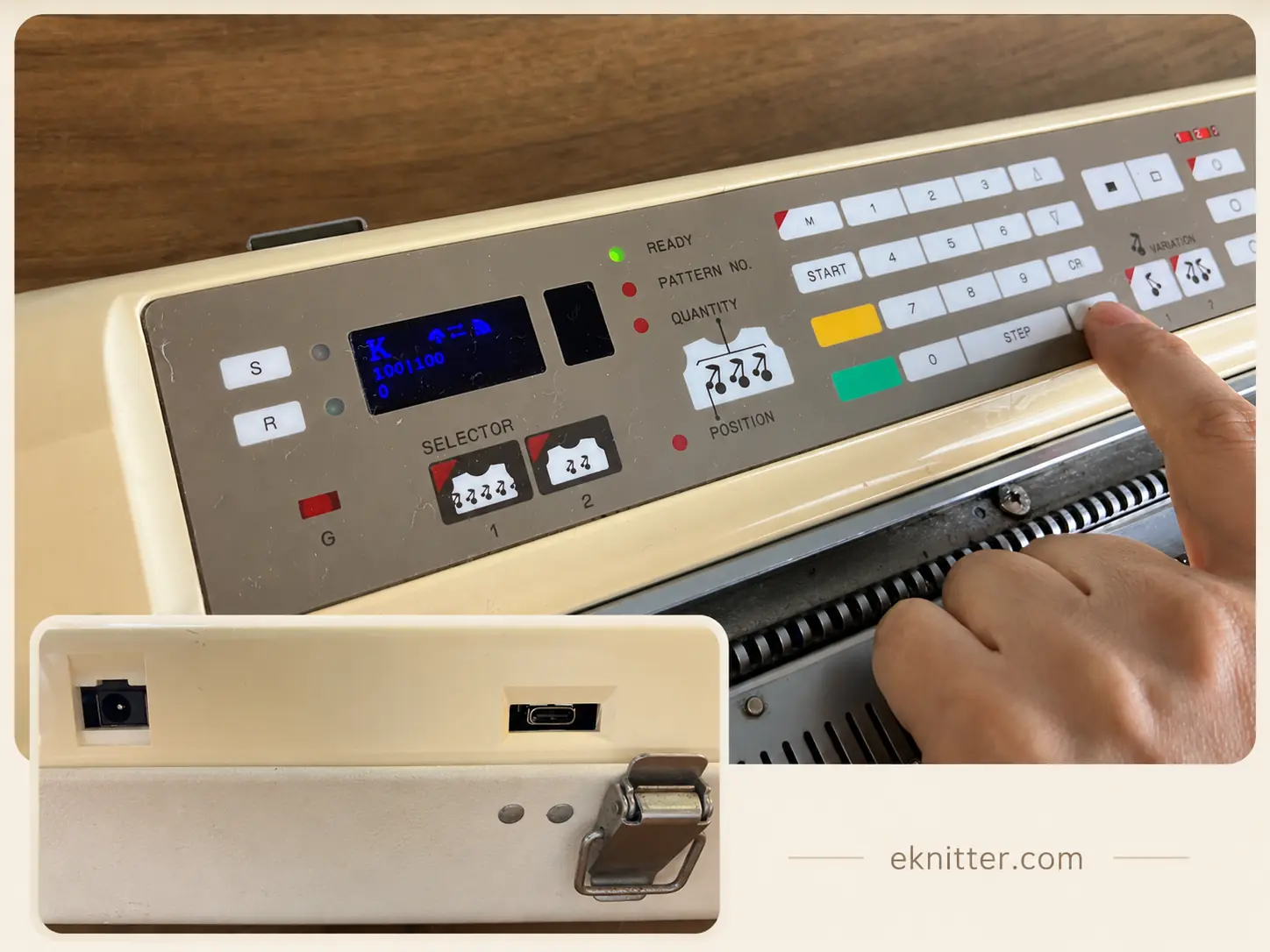 eKnitter display, original Brother controls and external connections