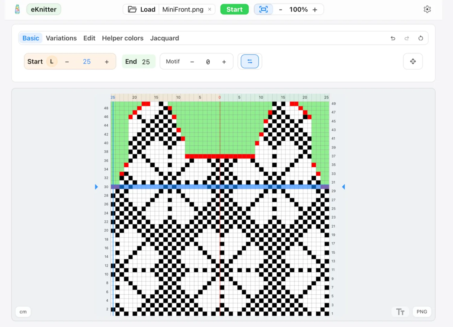 Knitting pattern with colored markings in eKnitter