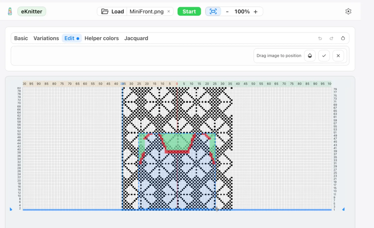 Positioning a transparent image over a knitting pattern in eKnitter